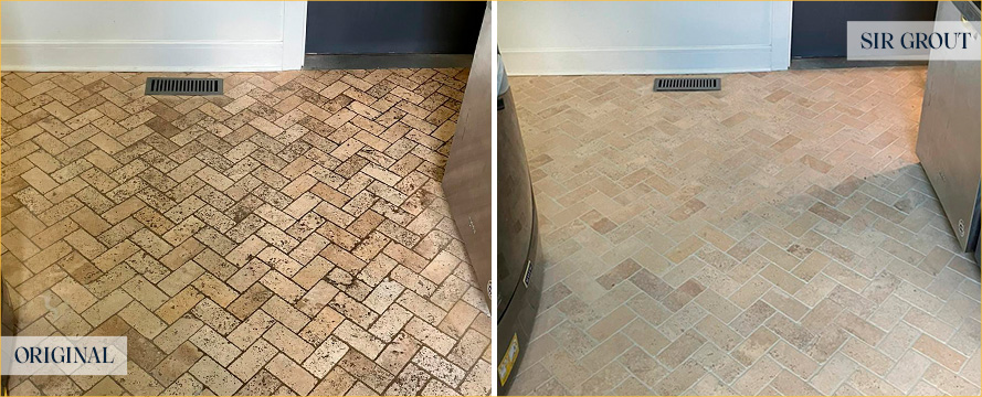 Marble Floor Before and After a Grout Recoloring in Doylestown