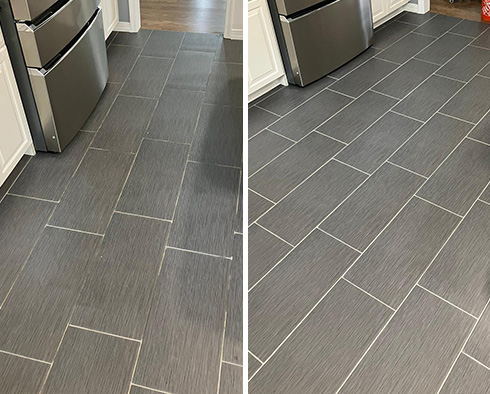 Kitchen Floor Before and After a Grout Recoloring in Oreland