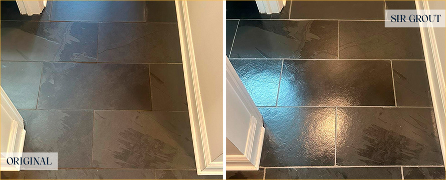 Slate Floor Tiles Before and After a Stone Cleaning in Newtown