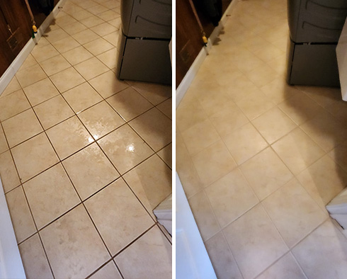 Tile Floor Before and After a Grout Cleaning in Morrisville