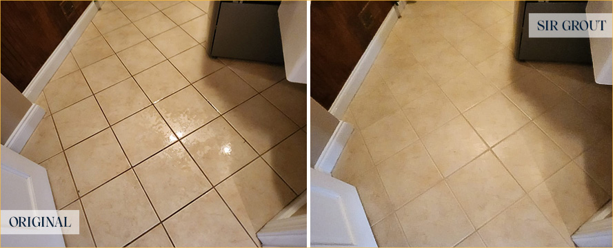 Tile Floor Before and After a Grout Cleaning in Morrisville