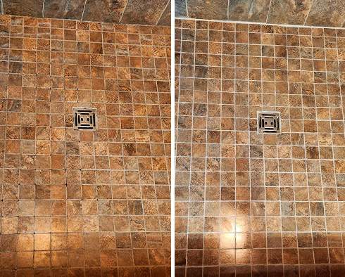 Shower Floor Before and After a Grout Sealing in Gilbertsville