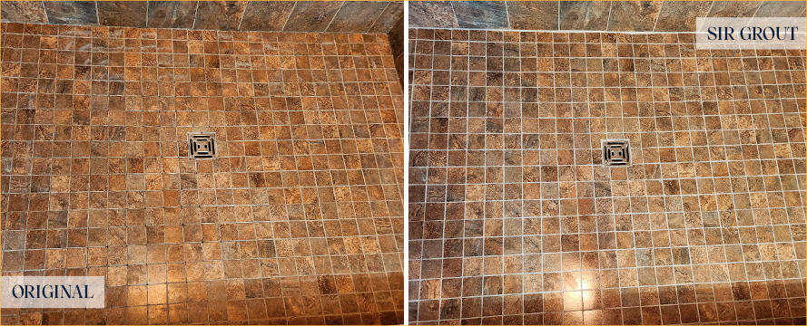 Shower Floor Before and After a Grout Sealing in Gilbertsville