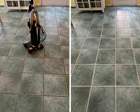 Kitchen Floor Before and After a Service from Our Tile and Grout Cleaners in Collegeville